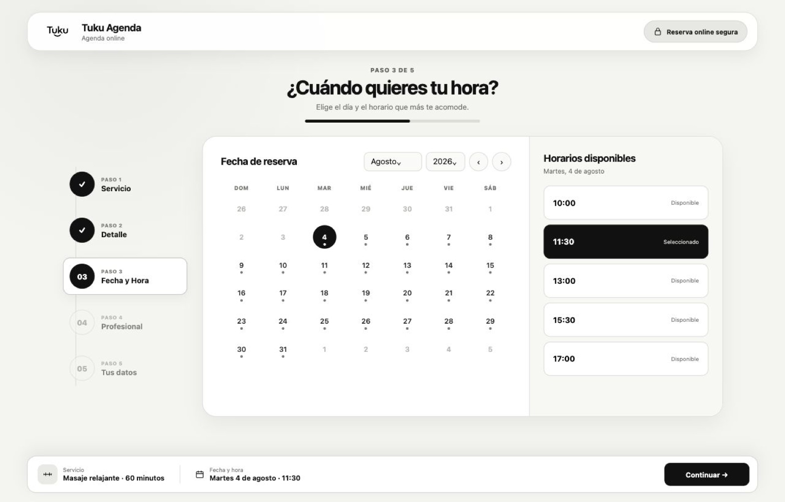 Vista de la agenda y reservas de Tuku